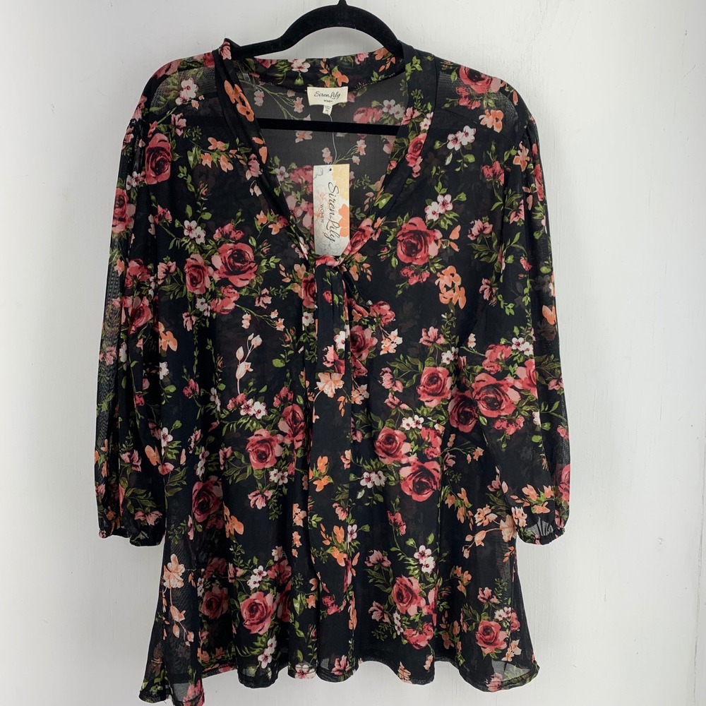 Siren Lily Women 3X Black Dark Floral Mesh Sheer Peplum Blouse NEW Coquette Rose